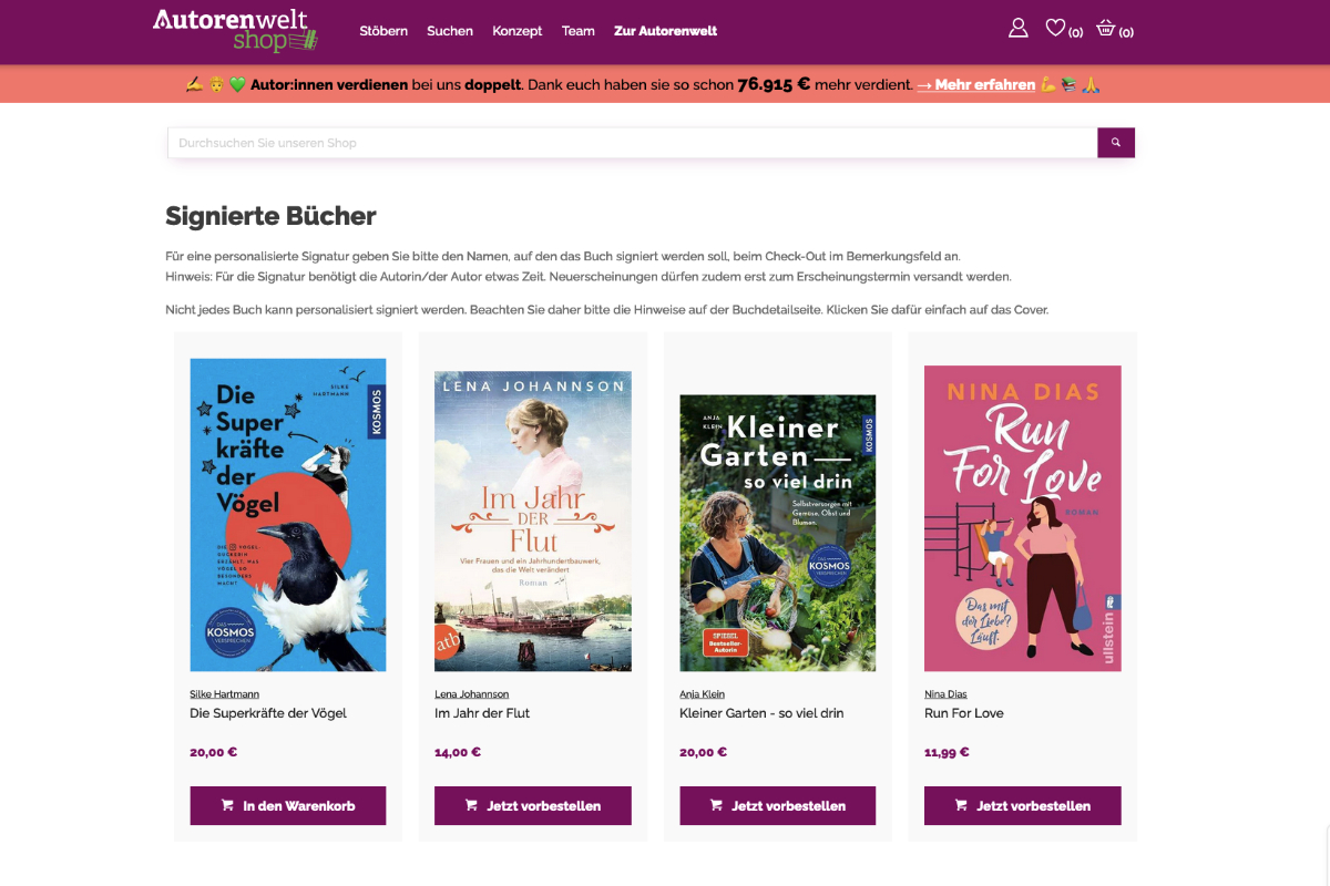 Autorenwelt-Shop mit Buchtiteln, die an Signieraktionen teilnehmen