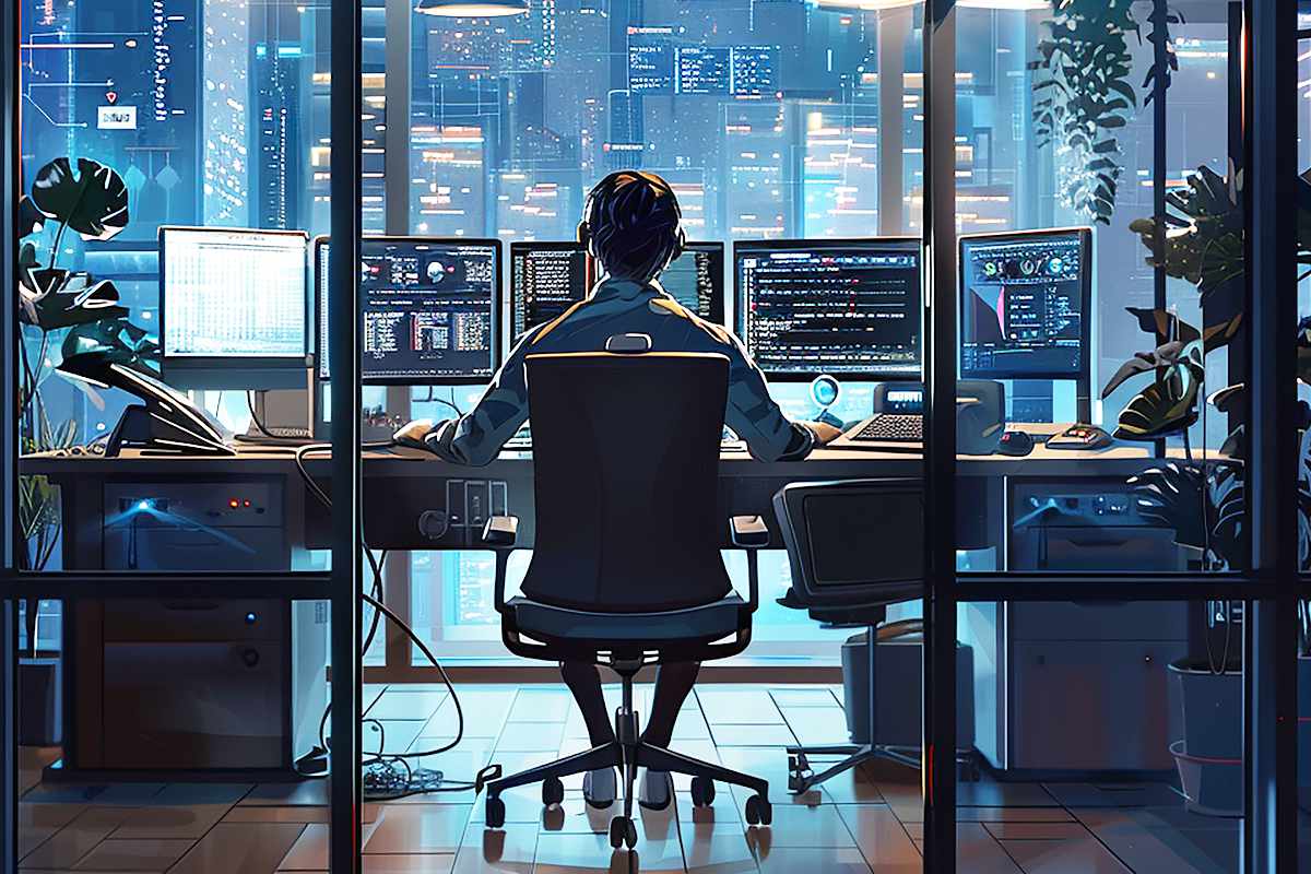 Mann, der vor diversen Monitoren sitzt und arbeitet