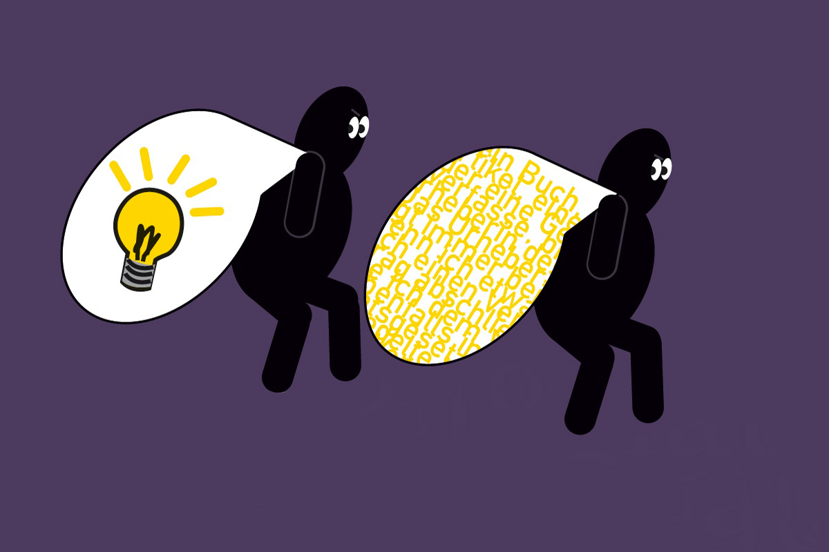 Illustration zeigt zwei Diebe, die geistiges Eigentum stehlen. Illustration: Carola Vogt