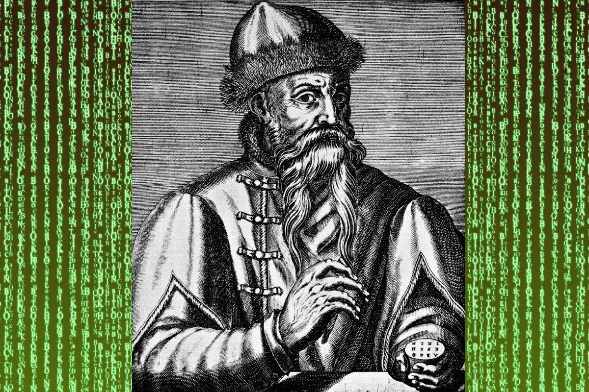 Johannes Gutenberg, umgeben von digitalem Code