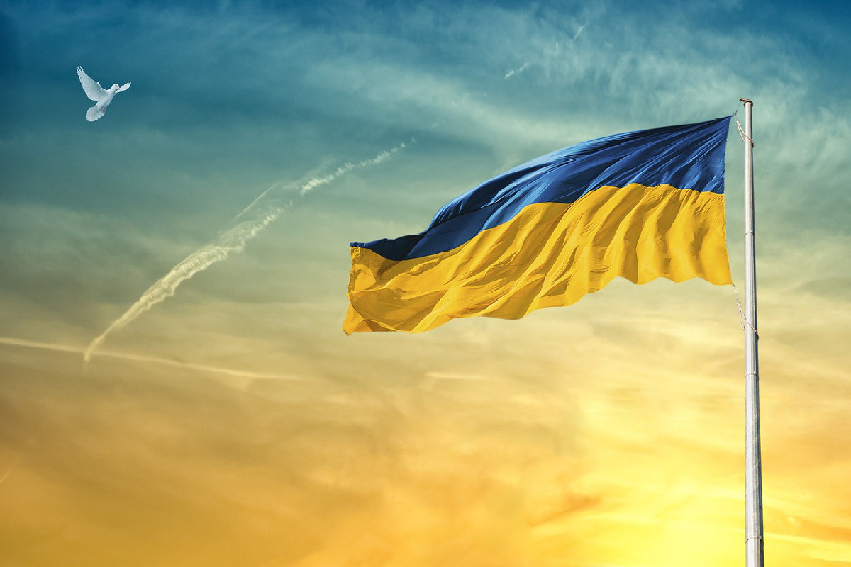 Ukraine Flagge als Hinweis auf Meldung über Ukraine und die Zerstörung der Druckerei Faktor Drug von Russland