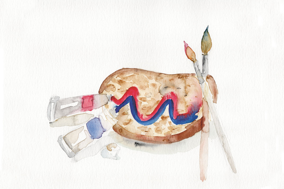 Gemalte Scheibe Brot mit Pinseln auf Aquarell